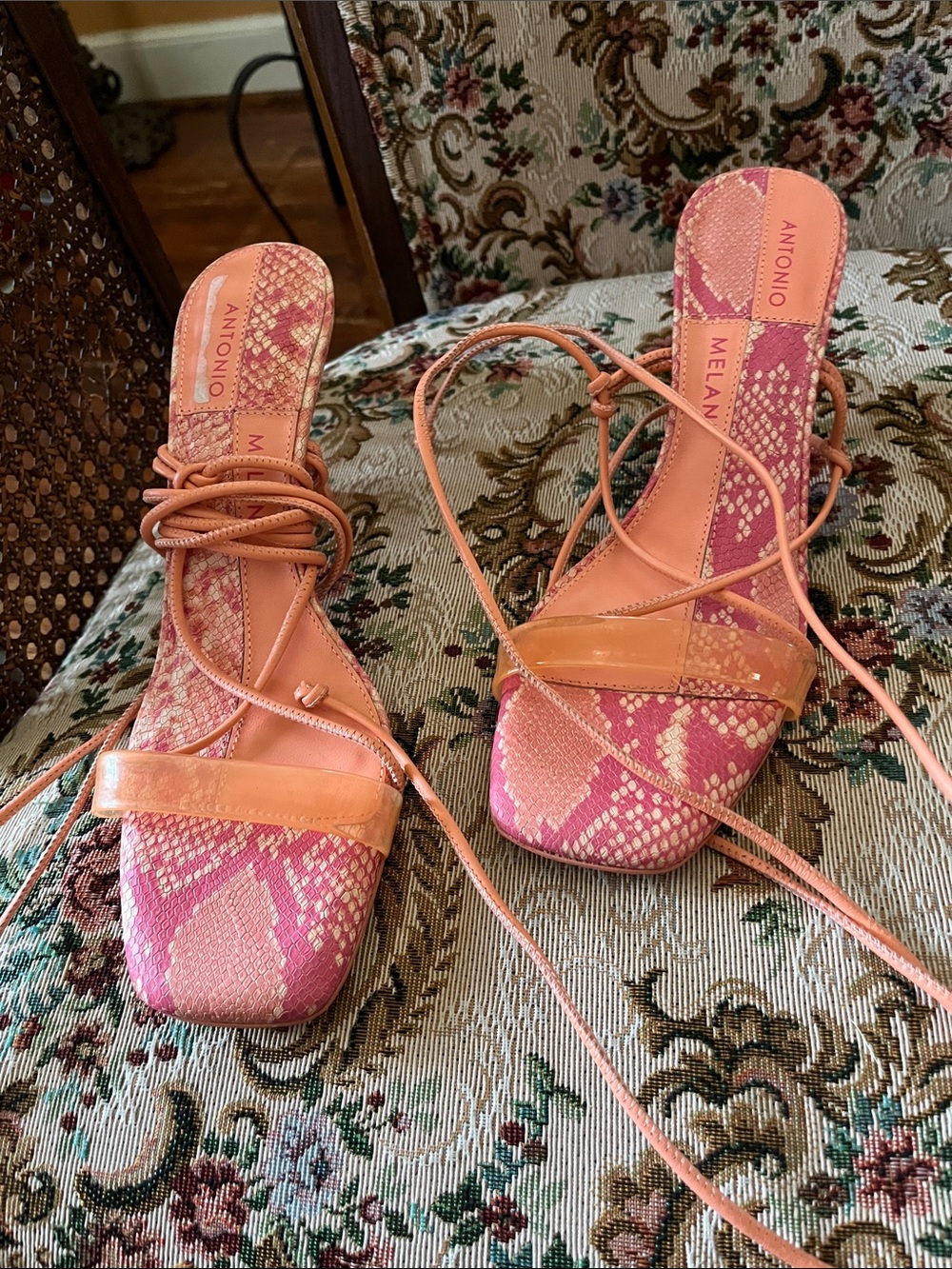 ANTONIO MELANI Pink Snake-Print Lace-Up Heels